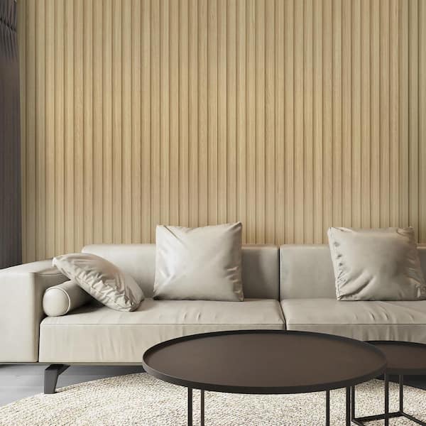 Beige 8-1/2 ft. x 1/2 ft. x 2/3 in. Slat Solid Wood Decorative Wall Paneling for Interior, 4-Pack Covers 16 sq. ft.