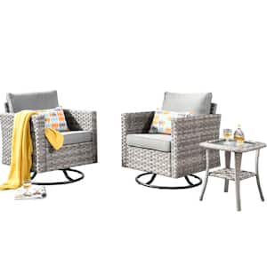 Tahoe Grey 3-Piece Wicker Outdoor Patio Conversation Swivel Rocking Chair Set with a Side Table and Grey Cushions