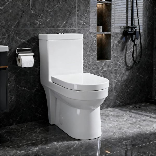 1-Piece 1.1/1.6 GPF Dual Flush Compact Toilet in White Soft Close Seat Included