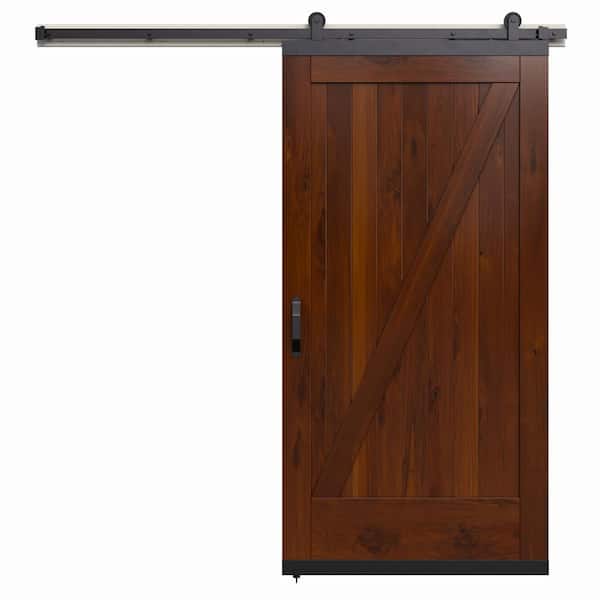 JELD-WEN 36 in. x 80 in. Karona Z Design Chestnut Stained Rustic Walnut Wood Sliding Barn Door with Hardware Kit