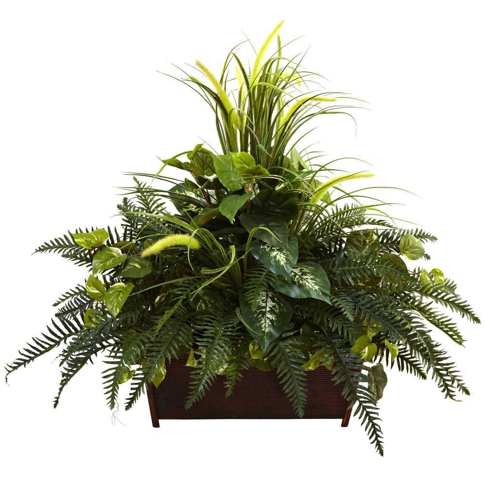 Green Plastic Fern and Grass Arrangement in Iron Planter