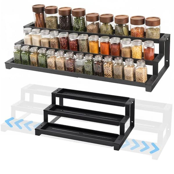 3-Tier Black Free Standing or Wall Mount Expandable Metal Spice Rack Organizer for Kitchen Pantry Bathroom