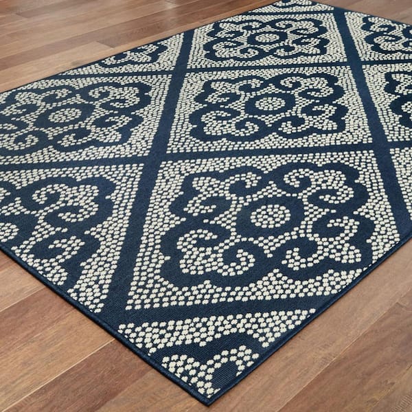 Blue, Ivory 2 ft. x 4 ft. Loomed Geometric Polypropylene Rectangle Indoor/Outdoor Area Rug