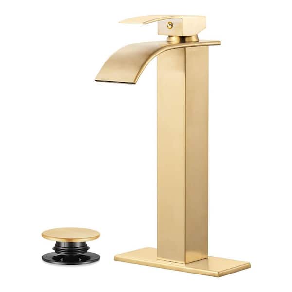 Waterfall Single-Handle Single Hole Bathroom Faucet with Deckplate Pop-up Drain Included and High-Body in Brushed Gold