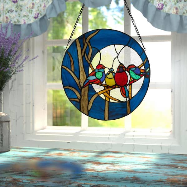 River of Goods Multi-Colored Birds in the Night Sky Round Stained 