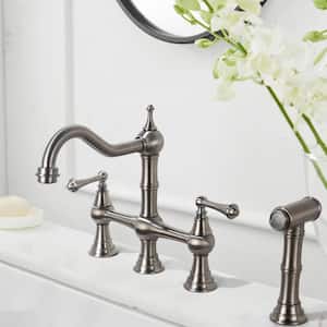 Double Handles Gooseneck Bridge Kitchen Faucet in Brushed Nickel with Pull Out Spray Wand, 27 in. Flexible Hose