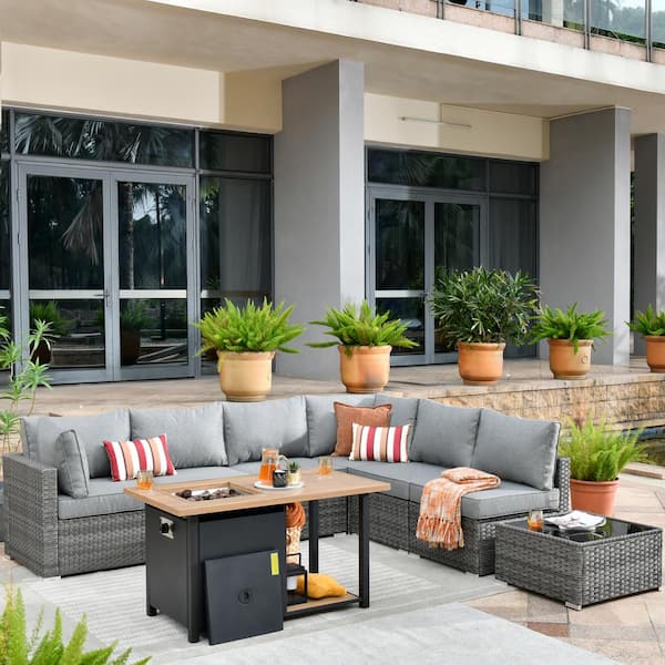 Sanibel Gray 8-Piece Wicker Outdoor Patio Conversation Sofa Seating Set with a Storage Fire Pit and Dark Gray Cushions