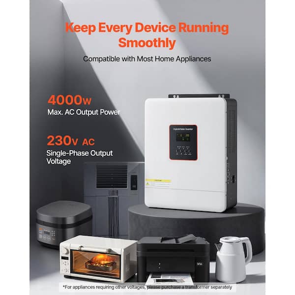 24V 4000W Hybrid Solar Inverter, Pure Sine Wave, 230V AC, Single-Phase, 120A MPPT, WiFi, Lead/Li Battery, Off-Grid
