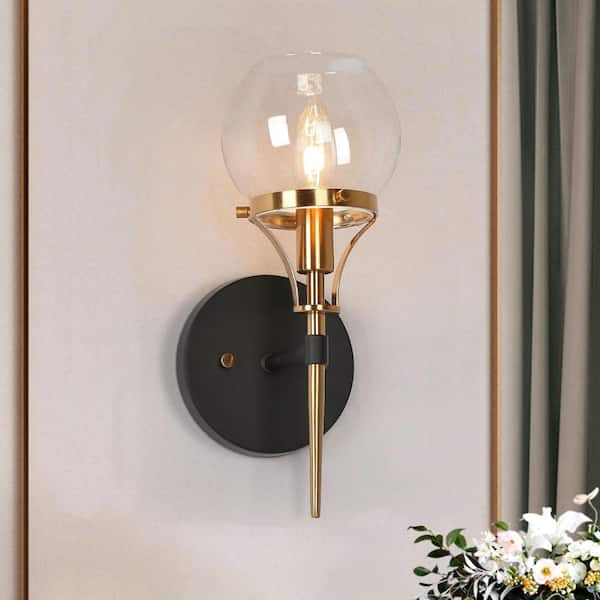 LNC Orbline Mid-Century Modern 4.9 in 1-Light Brass and Black Wall Sconce with Clear Globe Glass Shade Bathroom Wall Light