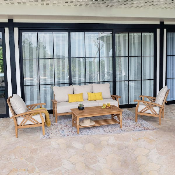 Cambridge Casual Carmel 4-Piece Teak Wood Outdoor Conversation Set with Tan Cushion