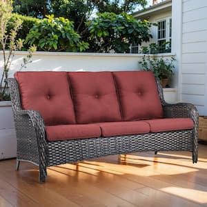 3 Seat Wicker Outdoor Patio Sofa Couch with Deep Seating and Cushions, Suitable for Porch Deck Balcony(Brown/Red)