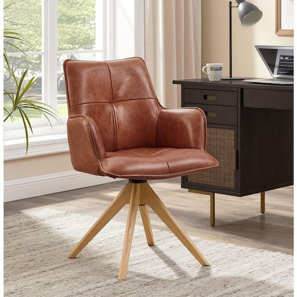 Mid-Century Modern Red Brown Genuine Leather Swivel Accent Arm Chair with Wood Legs