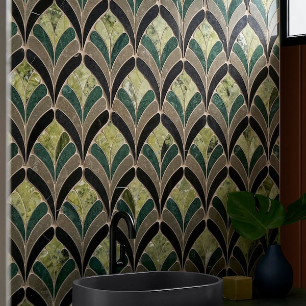 Bloom Verde Green Floral 14.09 in. x 15.15 in. Polished Marble Mosaic Floor and Wall Tile (1.48 sq. ft./Each)
