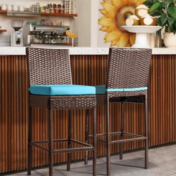 Zeus & Ruta Patio Bar Chairs 2 of Piece Wicker Square 43.5 in. Outdoor Dining Set with Blue Cushions