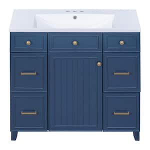 36 in. W x 18 in. D x 34.3 in . H Bathroom Vanity in Navy Blue with Cabinet, White Resin Basin Top, Drawers