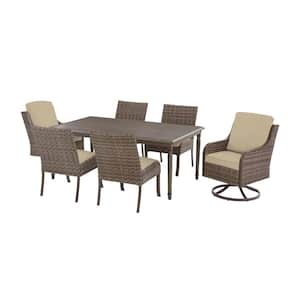 Windsor 7-Piece Brown Wicker Rectangular Outdoor Dining Set with CushionGuard Putty Tan Cushions