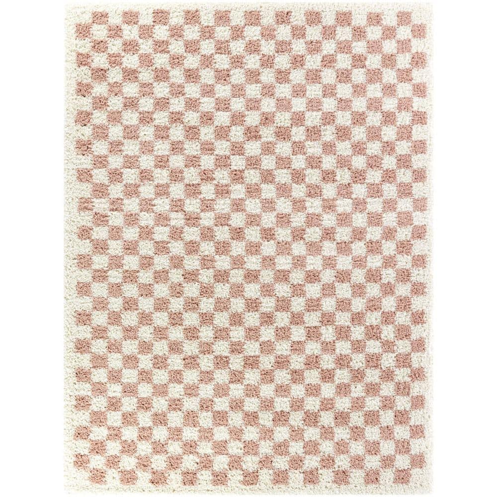 Balta Covey Plush Checkered Thick Shag Area Rug Pink 7 10  x 10  8  x 10  Ivory  Cream