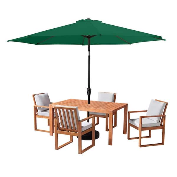 Alaterre Furniture 6 Piece Set, Weston Wood Outdoor Dining Table Set with 4 Cushioned Chairs, and 10-Foot Auto Tilt Umbrella Hunter Green