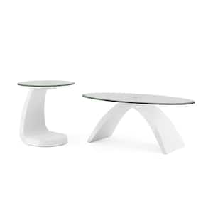 Glennda 2-Piece 48 in. Clear/White Large Oval Glass Coffee Table Set