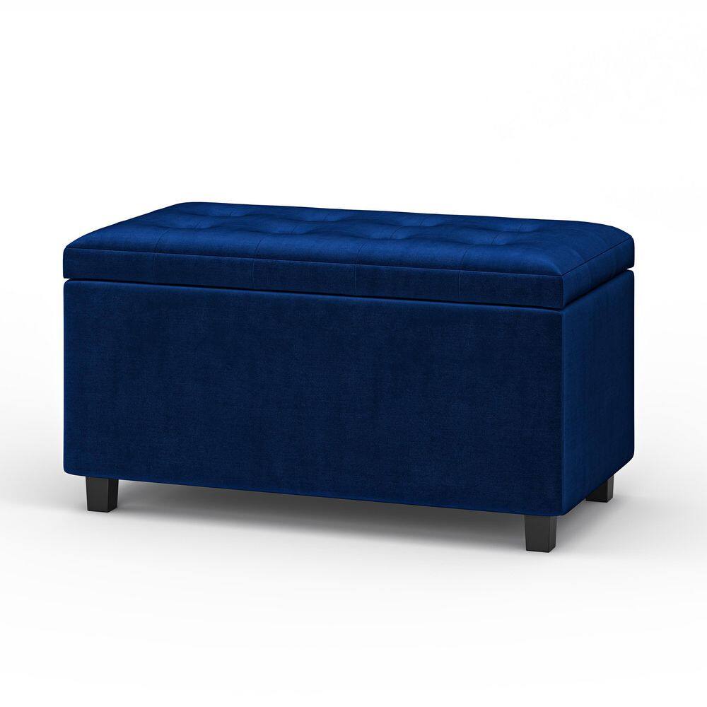 Blue Velvet Tufted Storage Ottoman with Solid Wood Frame