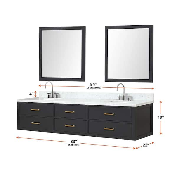 Lexora Sherman 84 in W x 22 in D Black Double Bath Vanity, Carrara Marble Top, Faucet Set, and 36 in Mirror