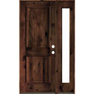 46 in. x 80 in. knotty alder Left-Hand/Inswing Clear Glass Red Mahogany Stain Square Top Wood Prehung Front Door w/RFSL