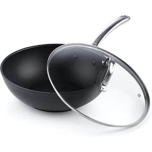 11 in. Hard-Anodized Aluminum Flat Bottom Nonstick Stir-Fry Wok Pan with Tempered Glass Lid and Stainless Steel Handle