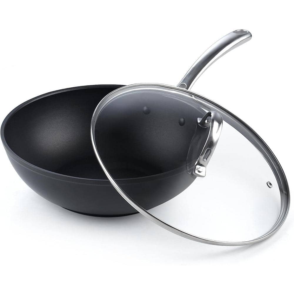 11 in. Hard-Anodized Nonstick Stir-Fry Wok with Glass Lid Stainless Handle 