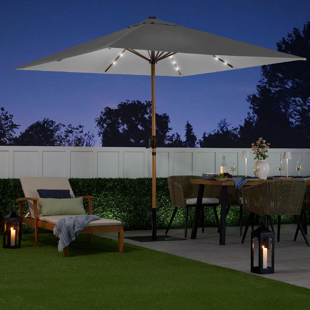 Fog Gray 9ft Square Solar LED Lighted Market Patio Umbrella with Steel Pole