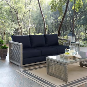 Aura Gray Wicker Outdoor Sofa with Navy Cushions