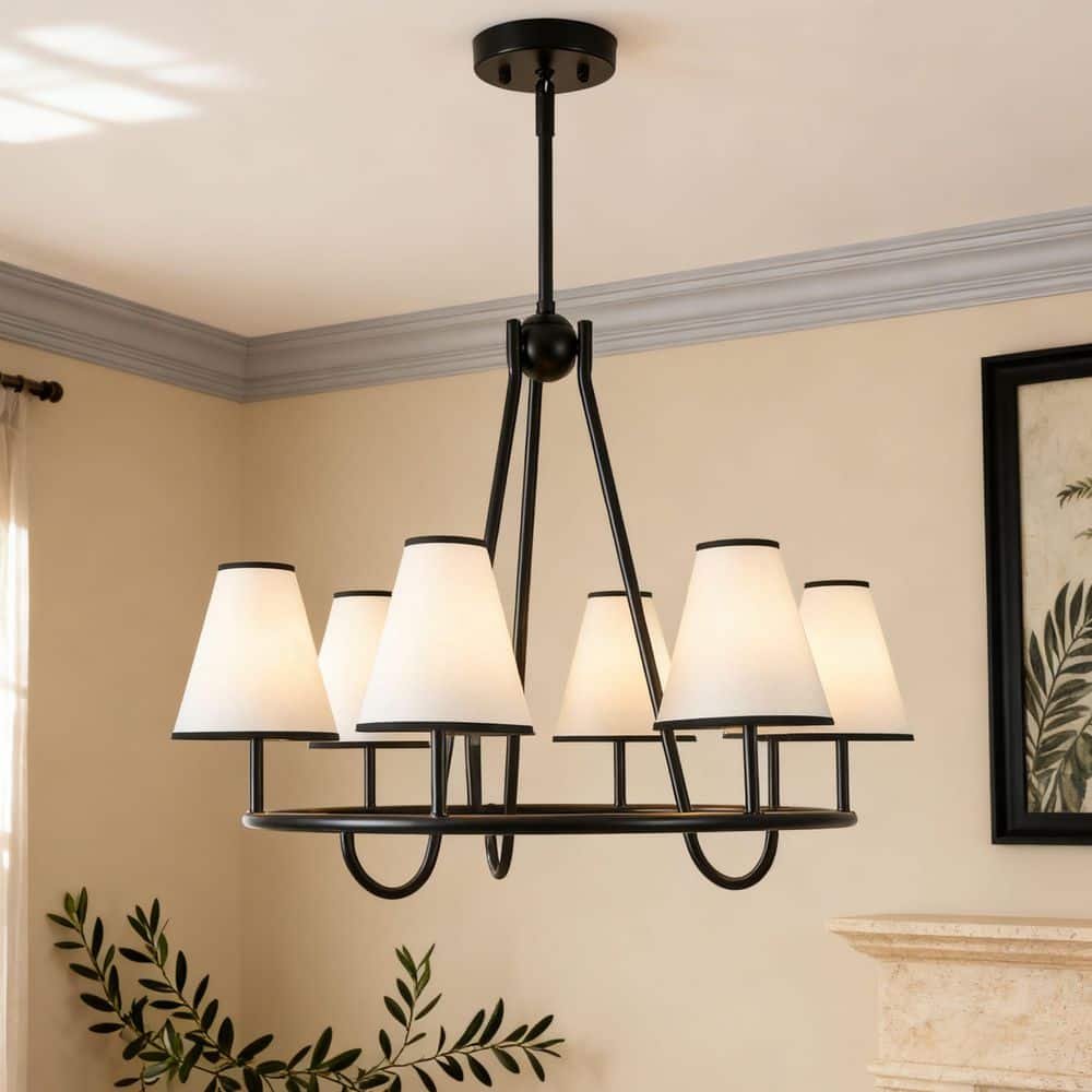 Haven 6-Light 25.6 in.W Matte Black Wagon Wheel Chandelier with White Fabric Shades for Dining Room or Living Room price history on PriceWatchPro