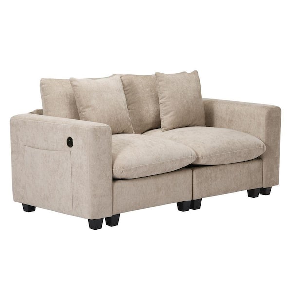 Lucca 70 in. Plush Chenille Upholstered Square Arm Modular Loveseat w/ USB Charger Port, Taupe