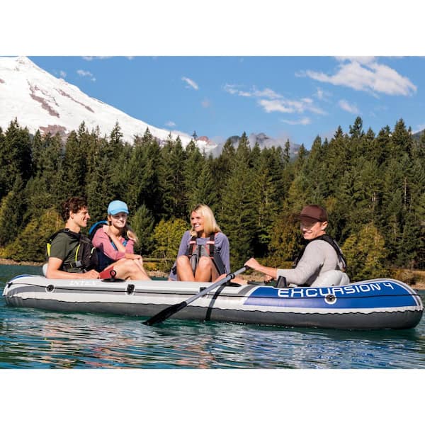 Excursion 4-Person Inflatable Rafting and Fishing Boat Set with 2-Oars