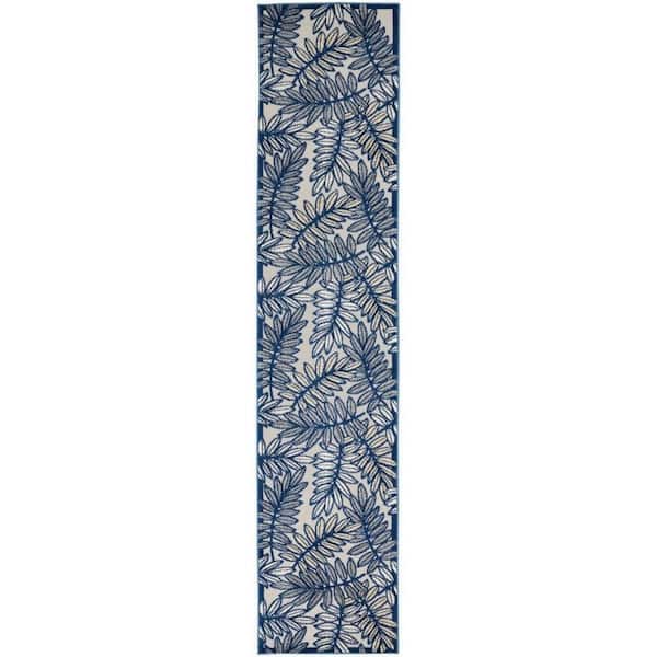 HomeRoots Charlie 2 X 12 ft. Ivory and Navy Floral Indoor/Outdoor Area Rug