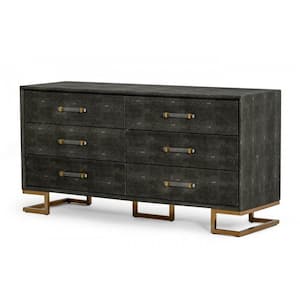 Valerie Grey Shagreen Faux Leather and Gold 6 Drawers 63 in. Dresser