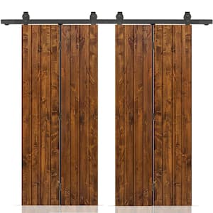 48 in. x 80 in. Walnut Stained Hollow Core Pine Wood Double Bi-Fold Door with Sliding Hardware Kit