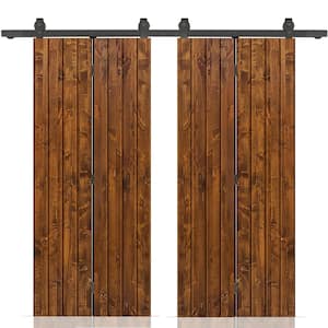 56 in. x 80 in. Walnut Stained Hollow Core Pine Wood Double Bi-Fold Door with Sliding Hardware Kit
