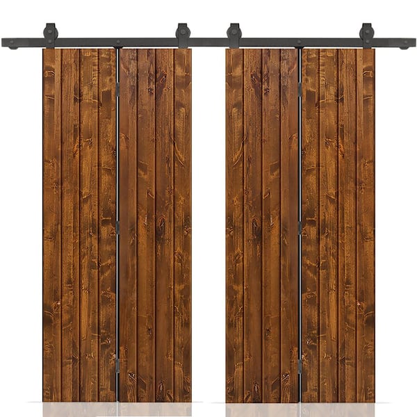CALHOME 60 in. x 84 in. Walnut Stained Hollow Core Pine Wood Double Bi-Fold Door with Sliding Hardware Kit