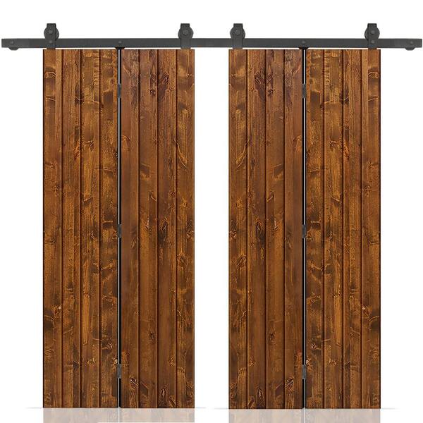 CALHOME 64 in. x 84 in. Walnut Stained Hollow Core Pine Wood Double Bi-Fold Door with Sliding Hardware Kit