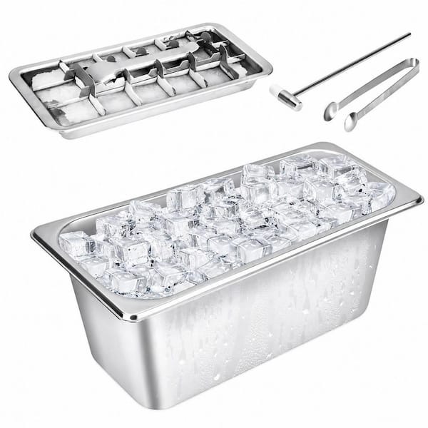 Stainless Steel Ice Cube Tray with Bin, Vintage 3-Row Metal Mold with Release Lever for Large Cubes, Kitchen Bar