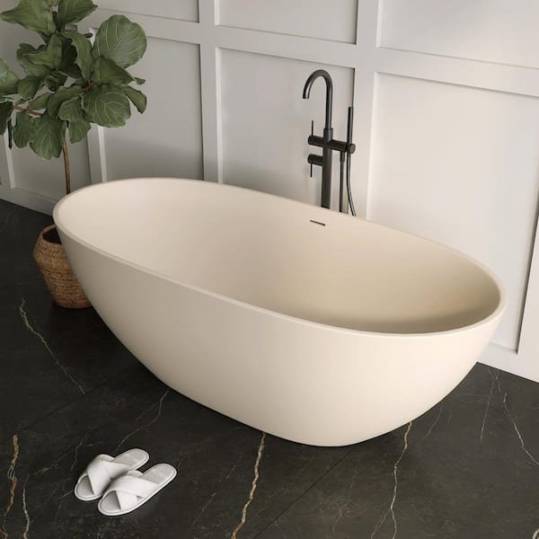 Eaton 65 in. x 29.5 in. Stone Resin Solid Surface Flatbottom Freestanding Soaking Bathtub in Cream