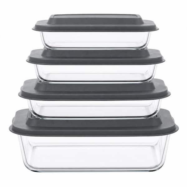 8-Piece Deep Rectangular Glass Baking Dish Set with Plastic lids for Cooking, Freezer-to-Oven and Dishwasher, Gray