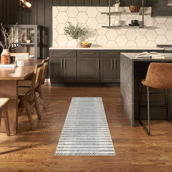 Nordic Ivory Blue 2 ft. x 6 ft. Geometric Contemporary Runner Area Rug