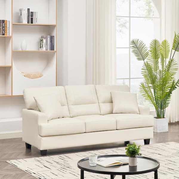 Morden Fort Modern Luxury Couch 79 in. Straight Arm Faux Leather Rectangle Sofa for Apartment Living Room in. Beige