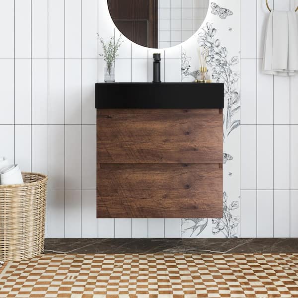 Unbranded 24 in. W x 18 in. D x 25 in. H Single Sink Wall Mounted Bath Vanity in Walnut with Black Quartz Sand Top