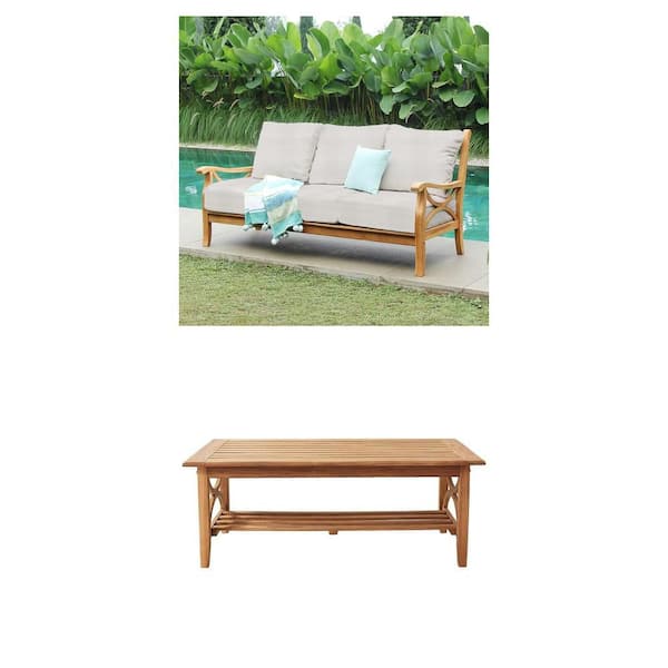 Kinsley Natural Teak Wood Outdoor Coffee Table and Teak Outdoor Couch with Beige Cushion Combo
