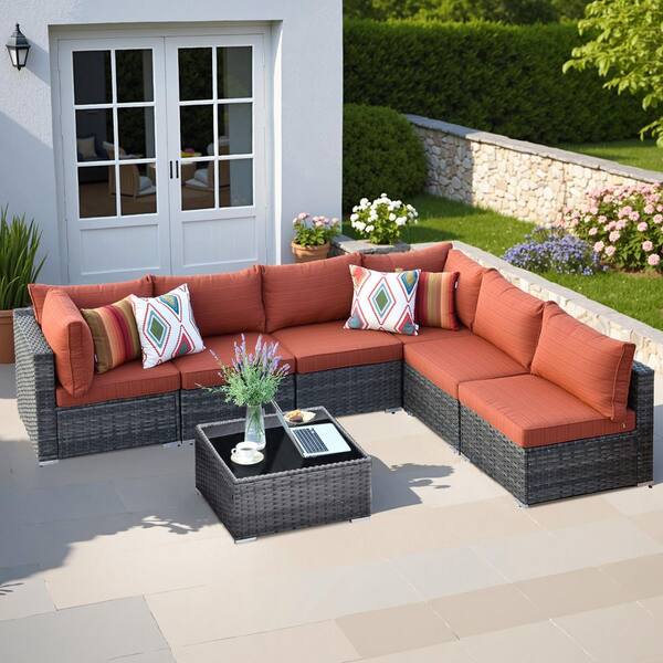 HOOOWOOO Messi Gray 7-Piece Wicker Outdoor Patio Conversation Sectional Sofa Set with Orange Red Cushions