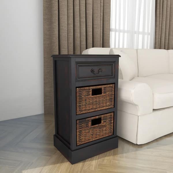 Harper & Bright Designs Espresso Rustic Storage Cabinet with 2-Drawers and 4-Classic Fabric Basket, Brown