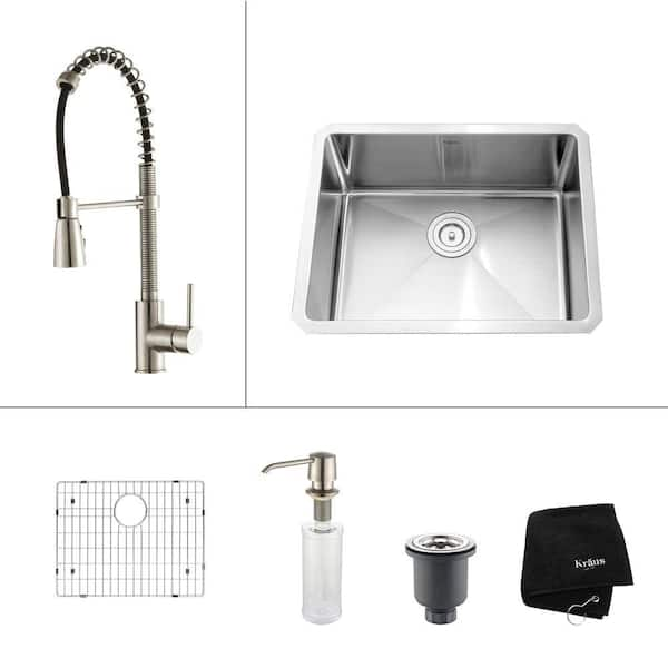 KRAUS All-in-One Undermount Stainless Steel 23 in. Single Bowl Kitchen Sink with Faucet and Accessories in Stainless Steel