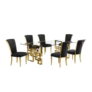 Dominga 7-Piece Rectangular Glass Top Gold Stainless Steel Dining Set with 6 Black Velvet Fabric Gold Chrome Chair